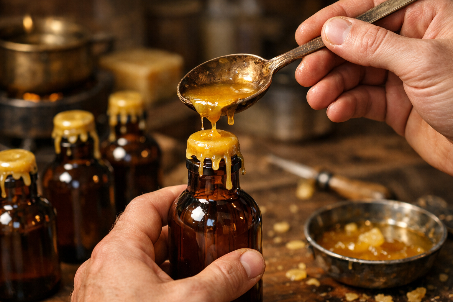 Hand-sealing amber bottles with melted beeswax