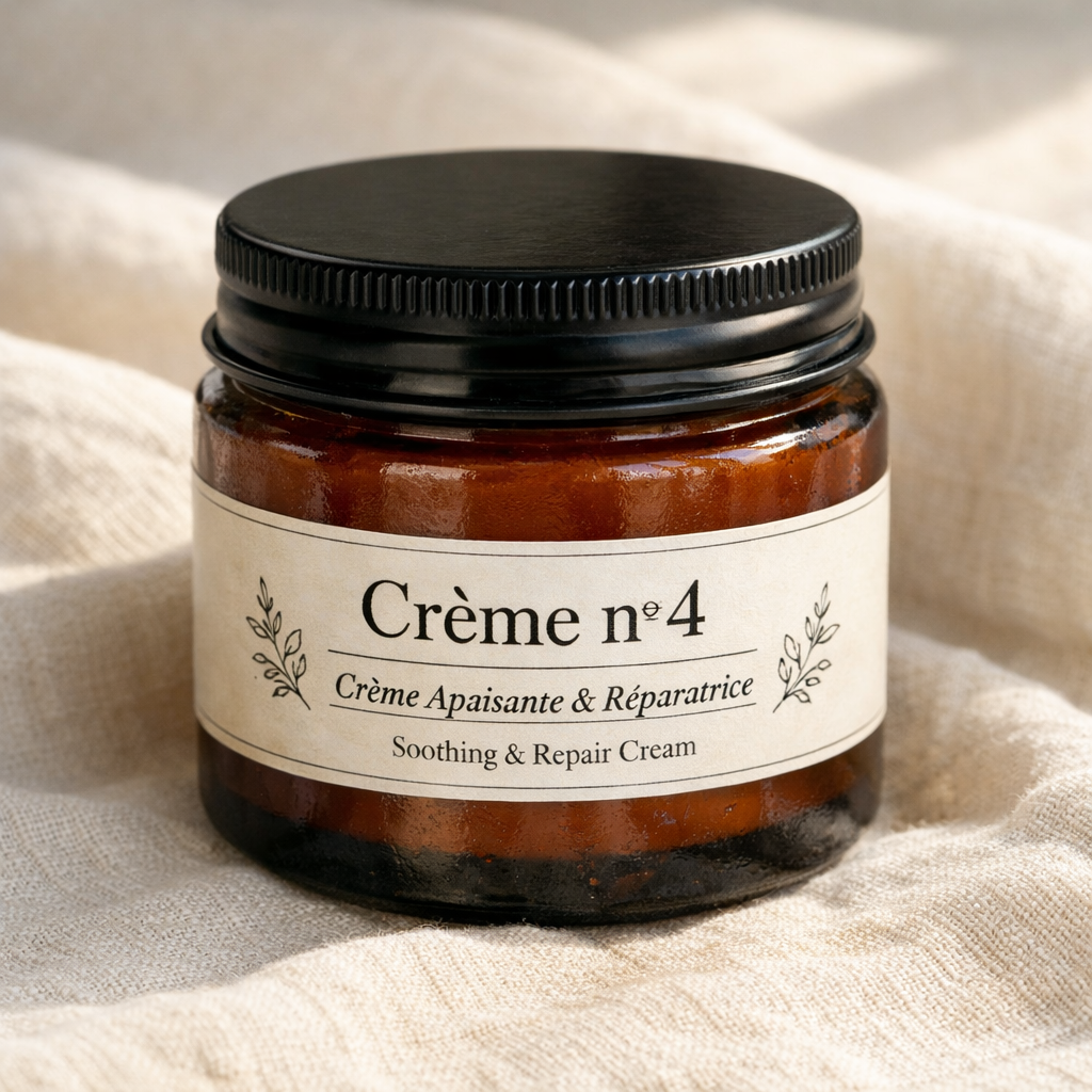 Crème nº 4 jar on cream linen with natural lighting