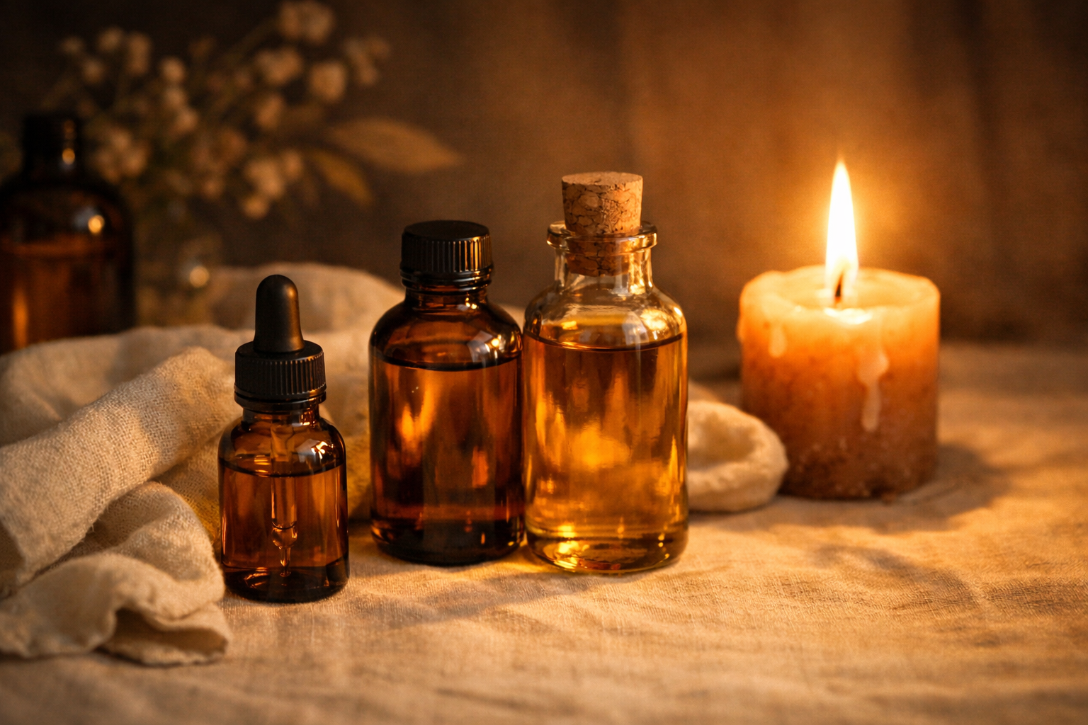 Evening candlelight with oil bottles and cotton cloth