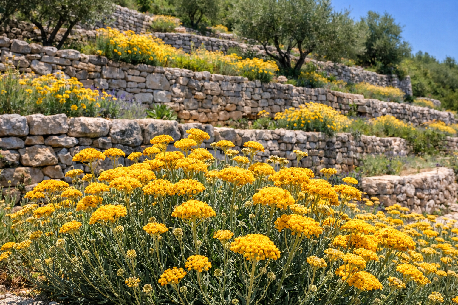Golden helichrysum flowers in terraced gardens