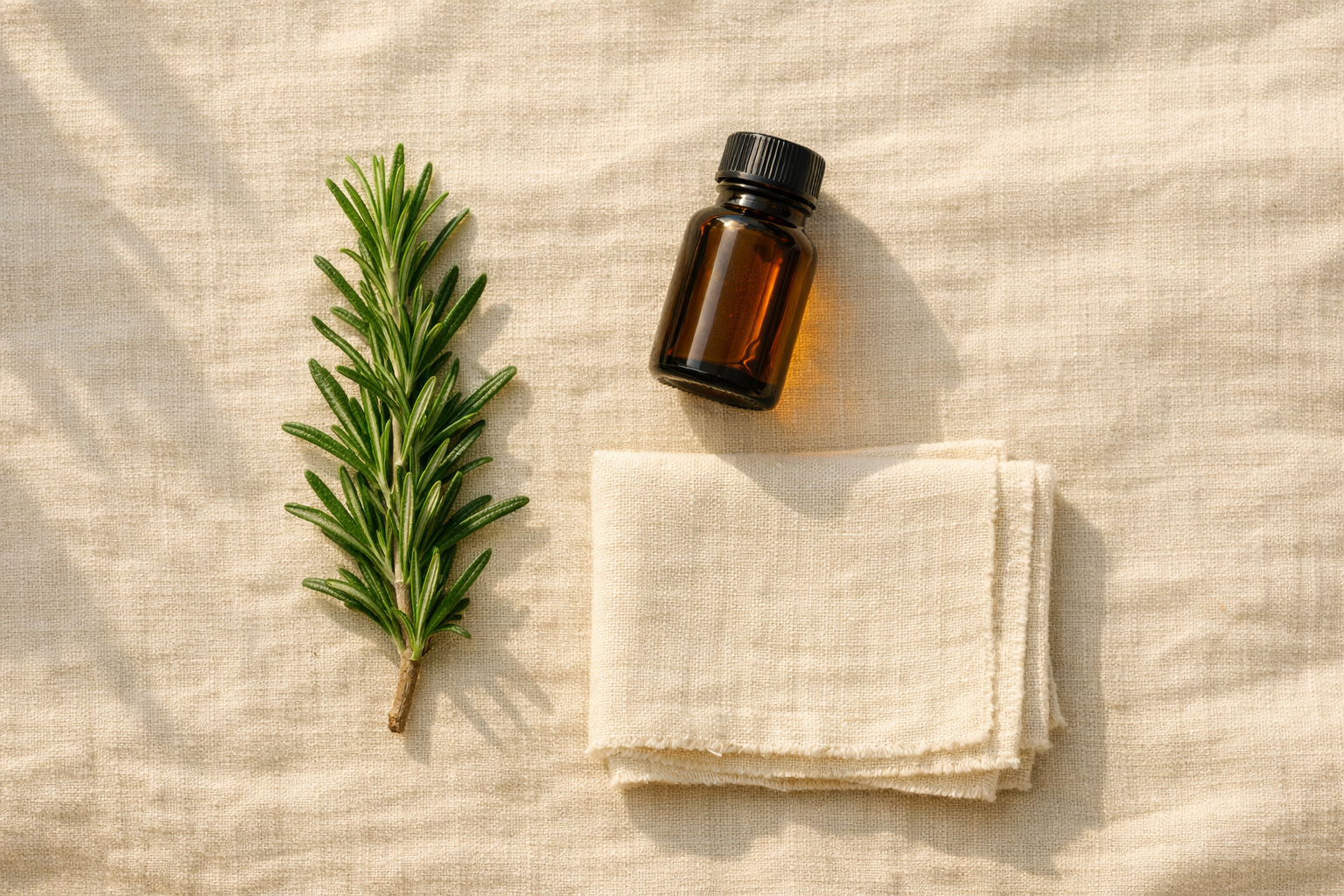 Sprig of fresh rosemary with amber glass and linen in afternoon light