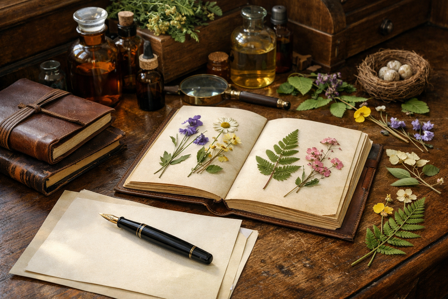 Writing desk with botanical specimens and journals in natural light
