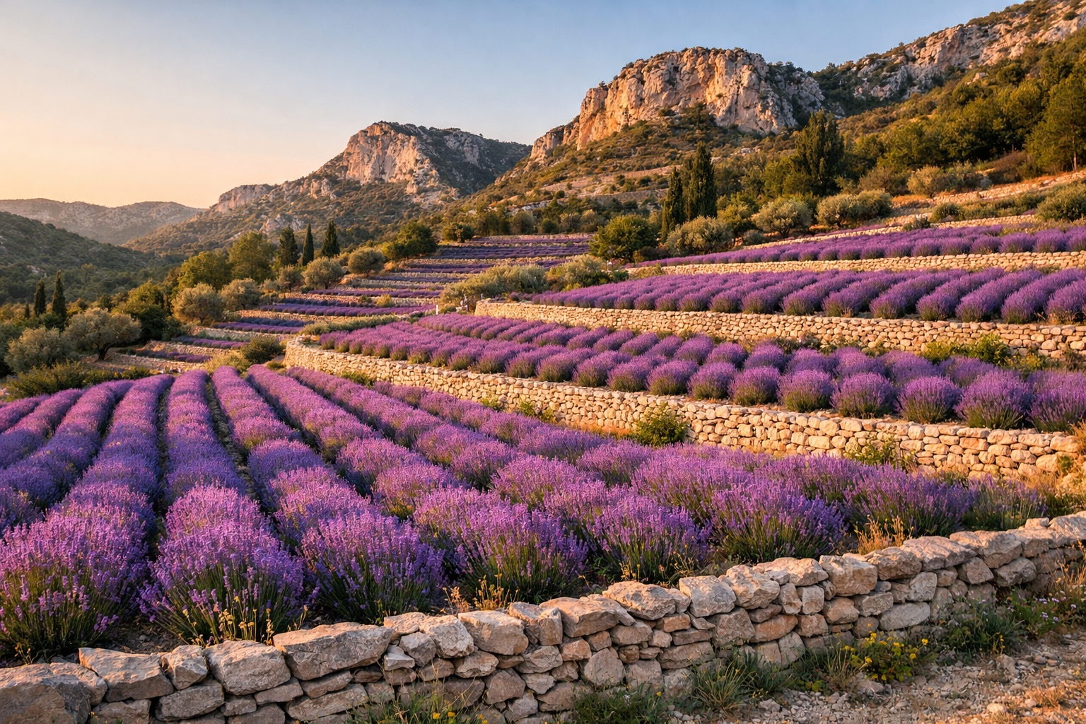 Rows of lavender stretching toward limestone hills