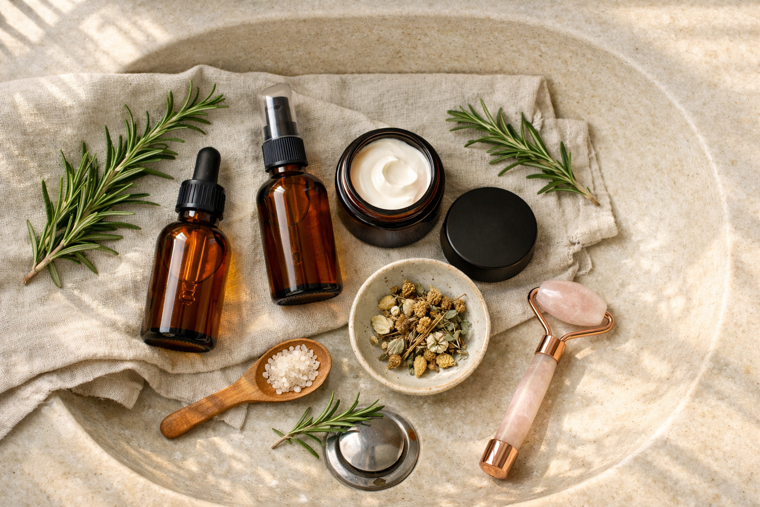Morning light on washbasin with botanical preparations