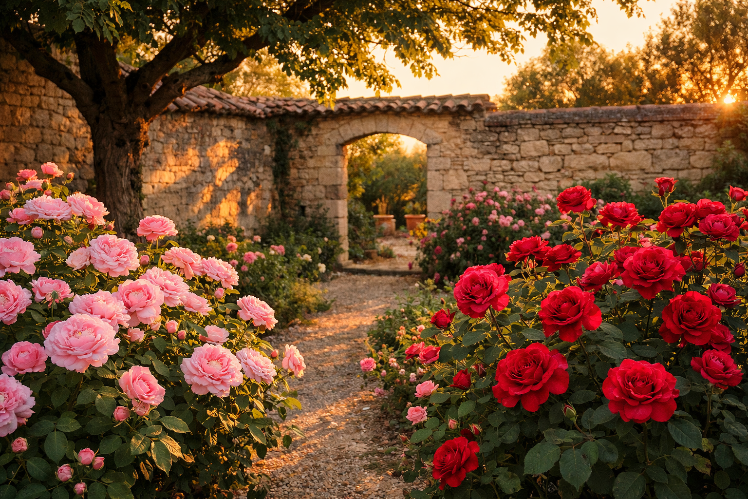 Heritage roses in morning light
