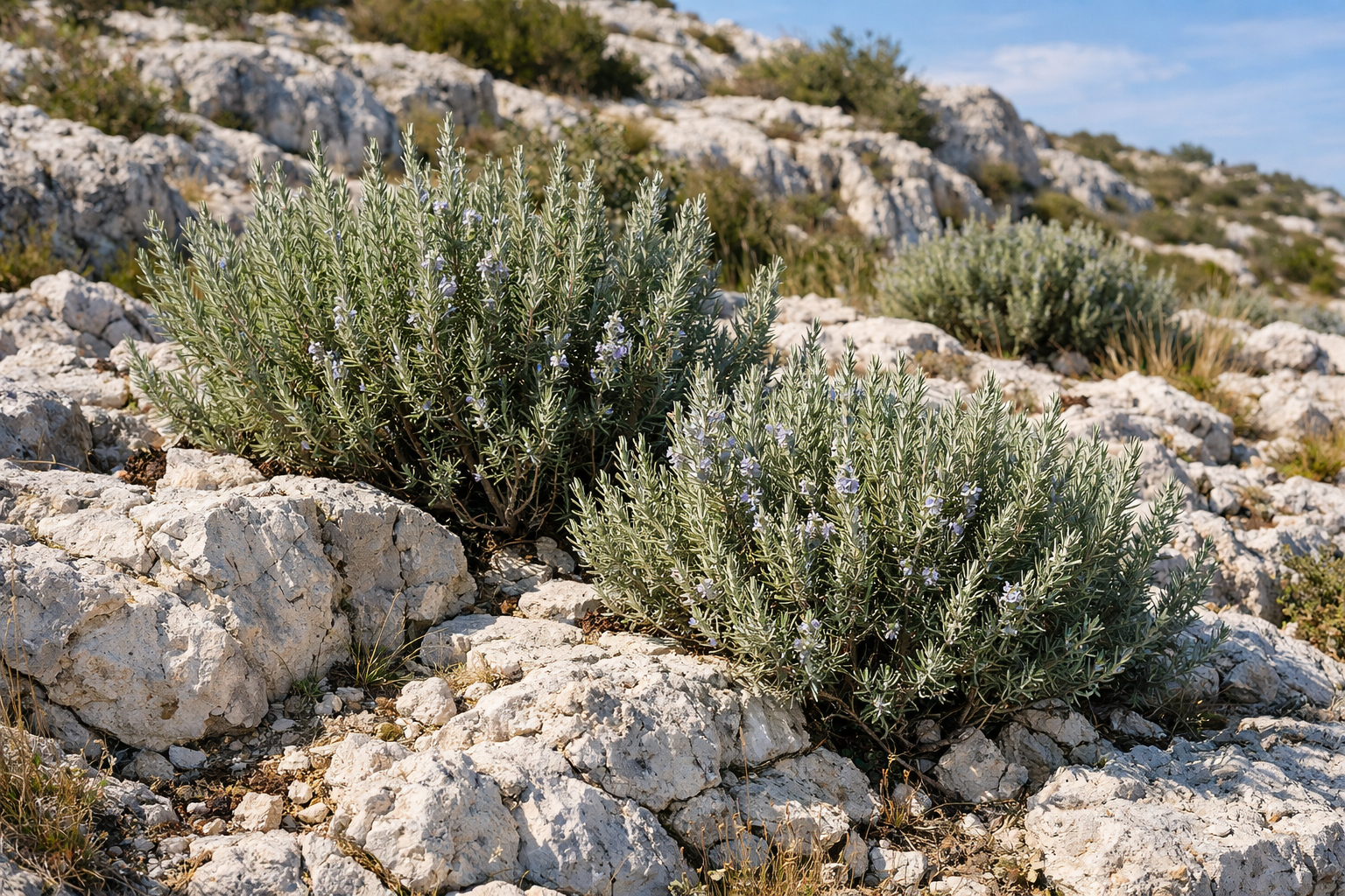 Wild rosemary bushes growing on rocky terroir
