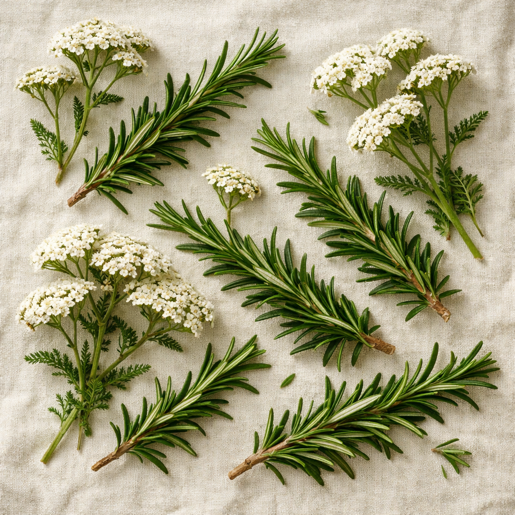 Fresh rosemary sprigs and yarrow flowers arranged on linen