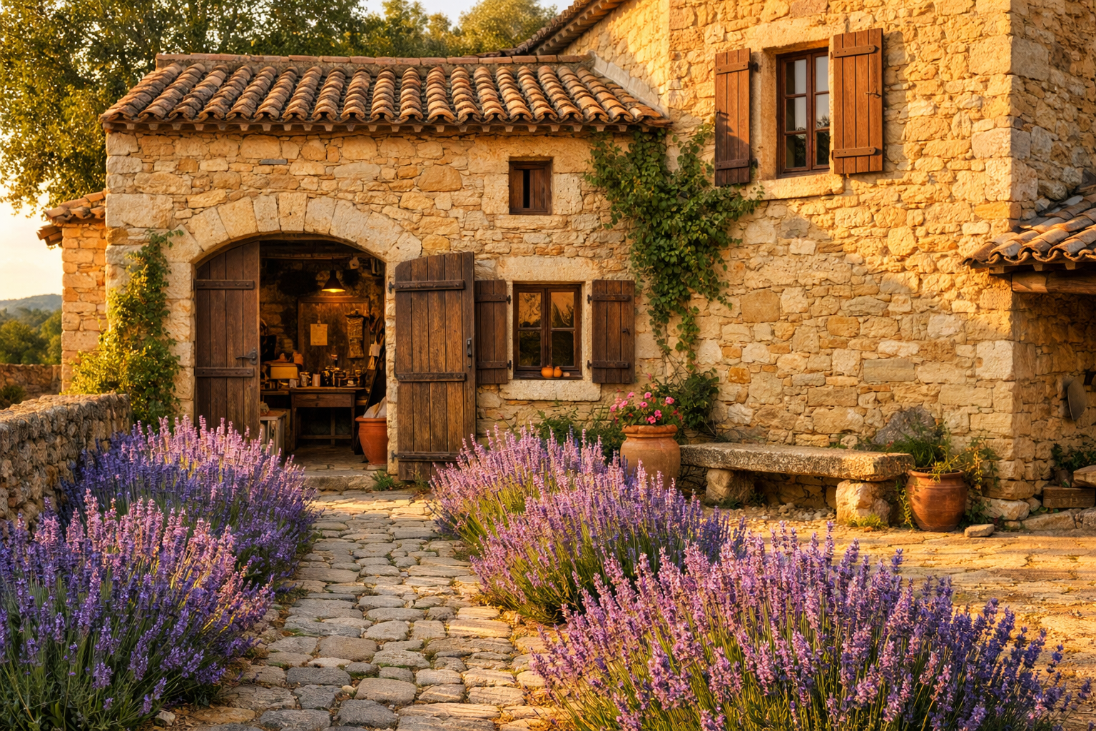Stone workshop building with lavender growing along the path